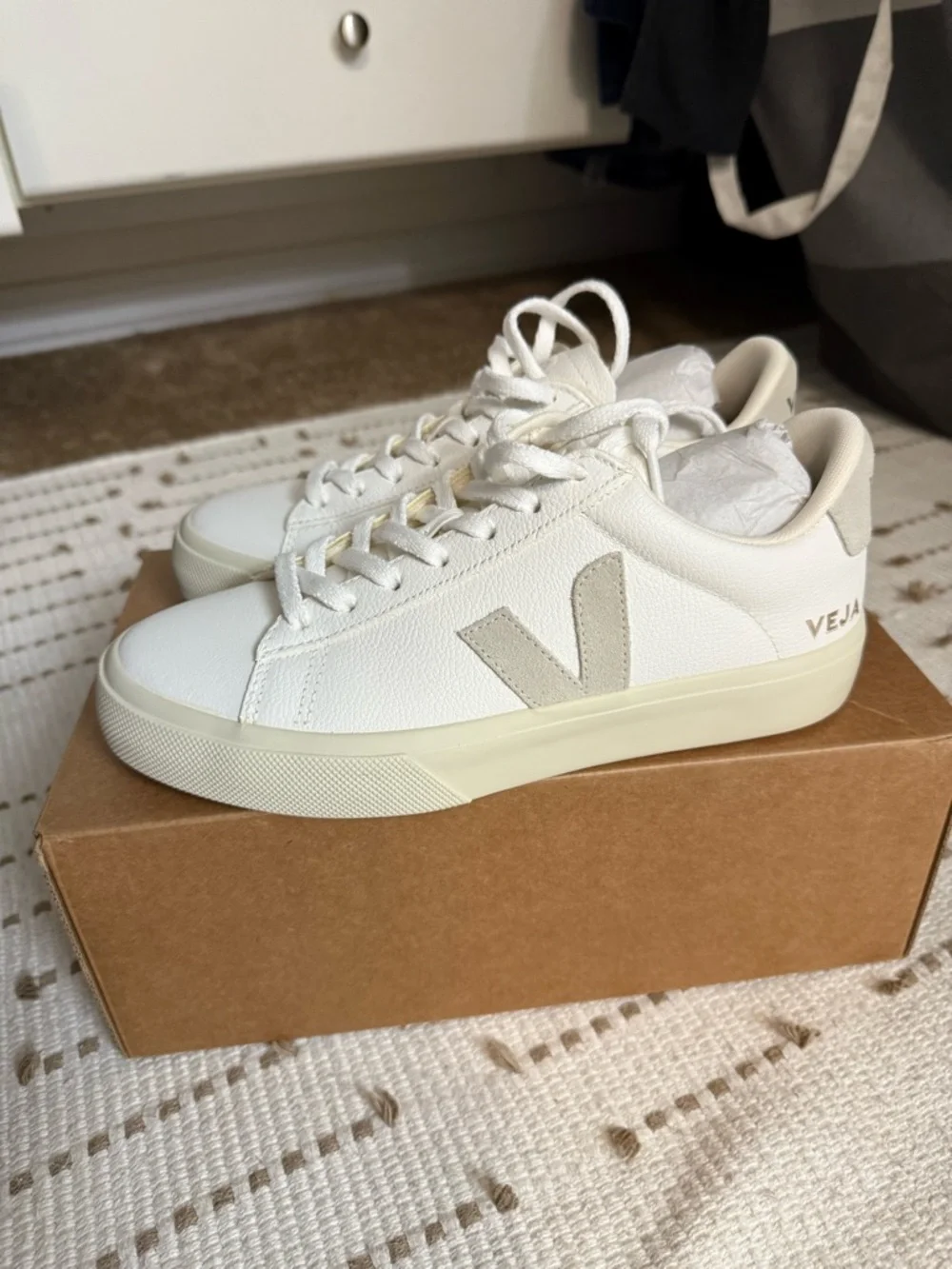 Veja Women's Campo Leather Sneaker in Cream and Beige - Picture 3 of 5